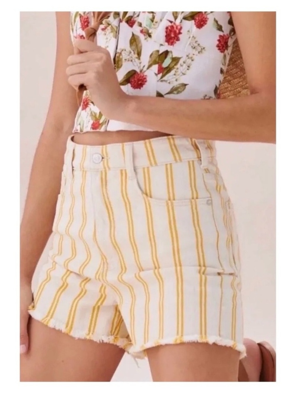 Anthropologie Pilcro White Mustard Striped Cutoff Jean Shorts Sz 28